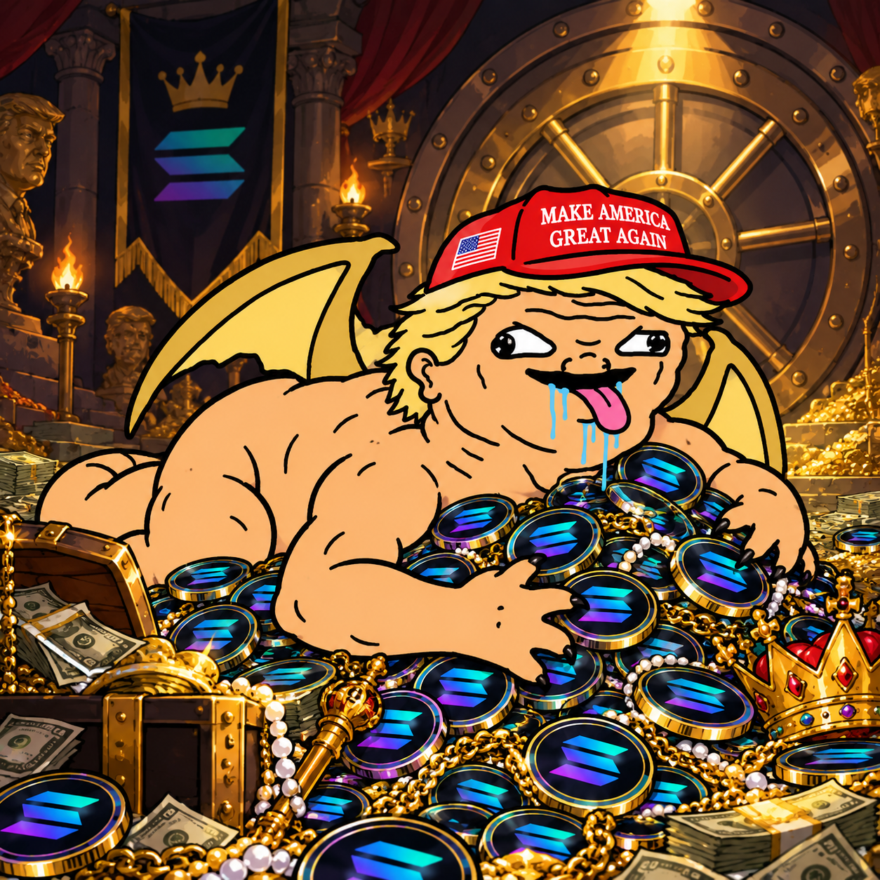 Dragon Trumpard sprawled across Solana coins in a golden vault