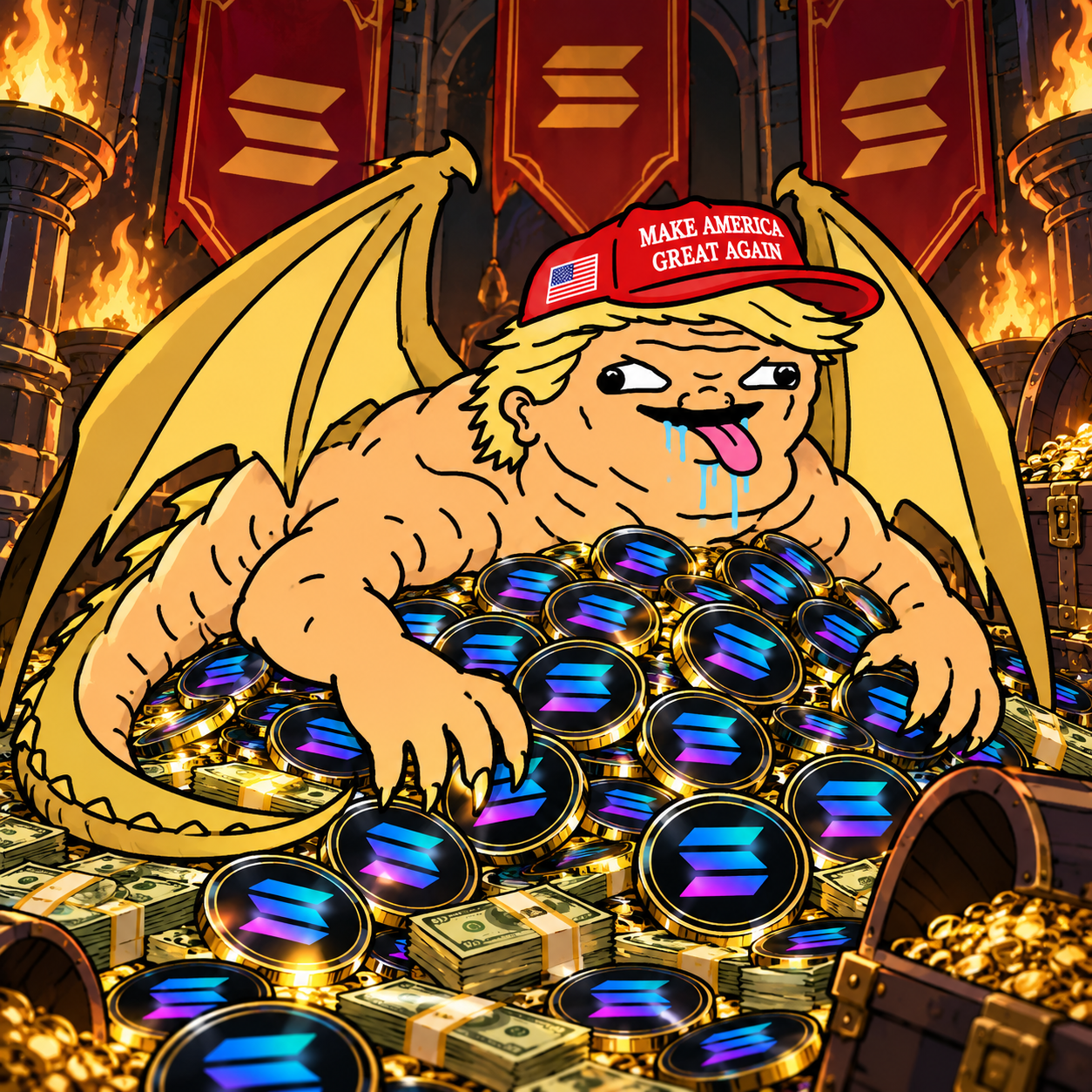Dragon Trumpard surrounded by treasures under red Solana banners